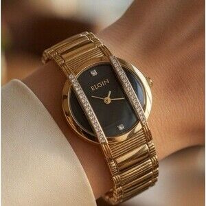 Elgin Woman’s Gold-Tone Watch with Diamonds Quartz Watch New Battery 6”